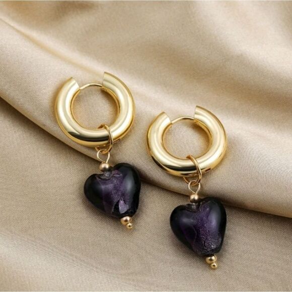 Purple Art Glass Heart Earrings - Picture 1 of 2